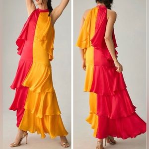 Pinnacle By Shruti Sancheti Mock-Neck Colorblock Ruffle Dress, Size S